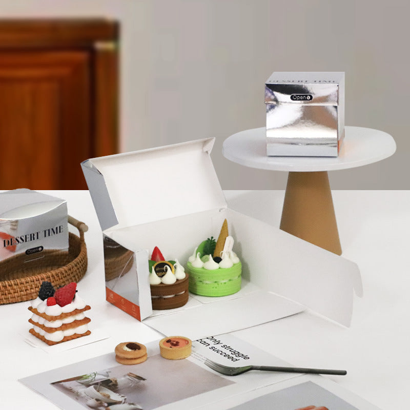 ins silver card small cake box single and double dessert packaging box 2/3 inch lasagna cut mousse baking packaging box