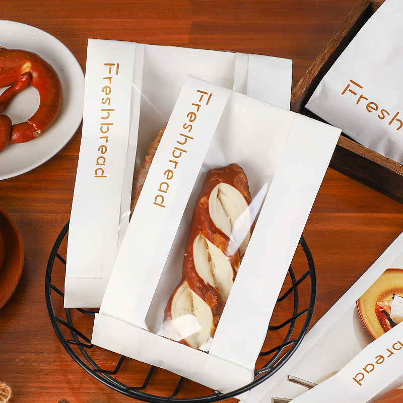 Simple English Window paper bag Long baguette Caterpillar bread packaging bag Baking bread packaging bag Oil-proof