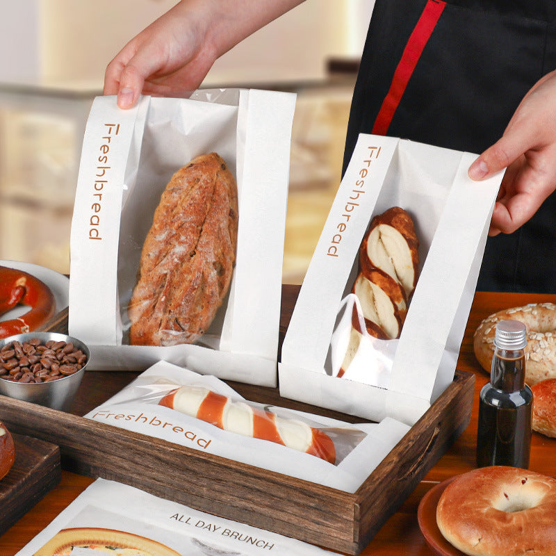 Simple English Window paper bag Long baguette Caterpillar bread packaging bag Baking bread packaging bag Oil-proof