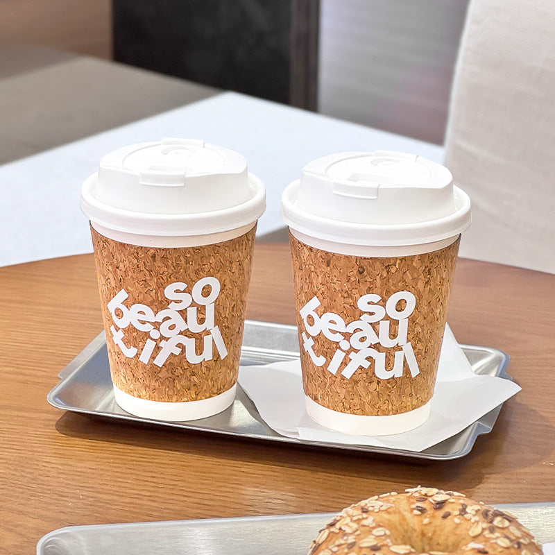 Disposable coffee cup commercial thickened outer belt cover packing cork leather environmentally friendly hot drink cup milk tea paper cup wholesale