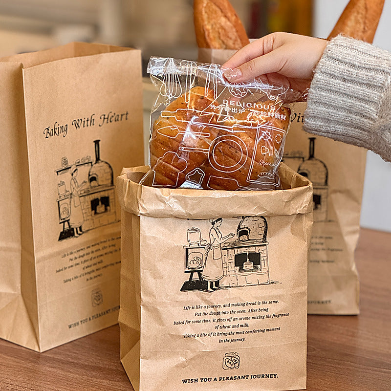 Internet celebrity hand-painted retro style bread packaging bag custom baking shop European bag bagel takeaway packaging bag kraft paper bag